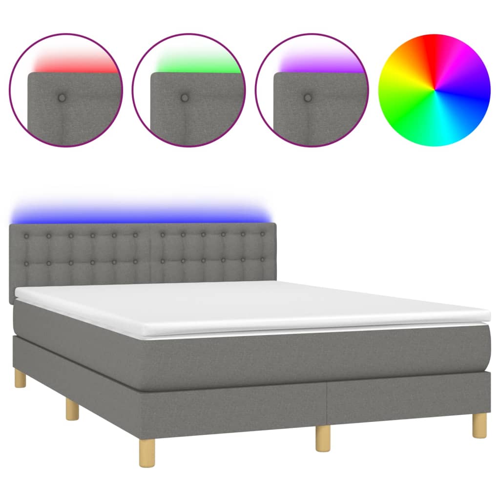 Cama box spring colchón y luces led tela gris oscuro 140x200 cm botones