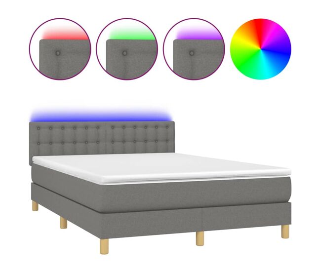 Cama box spring colchón y luces led tela gris oscuro 140x200 cm botones