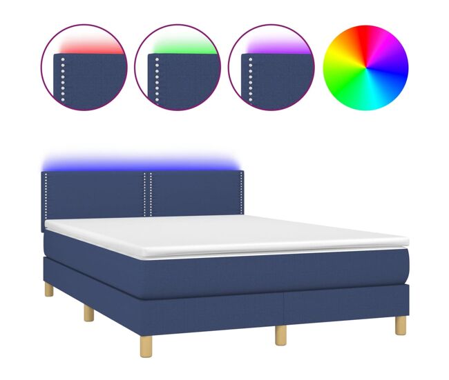 Cama box spring colchón y luces led tela azul 140x190 cm liso con clavos