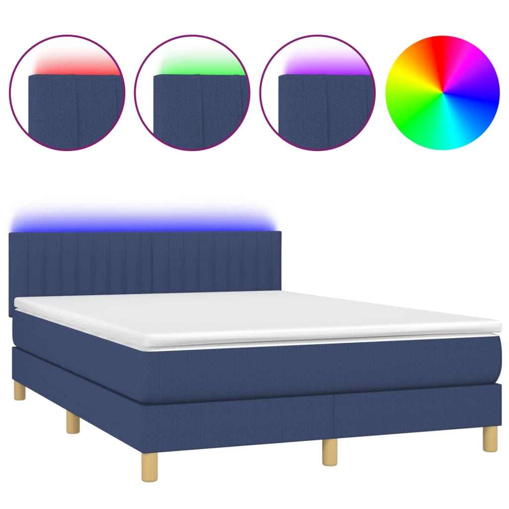 Cama box spring con colchón y led tela azul 140x200 cm rayas verticales