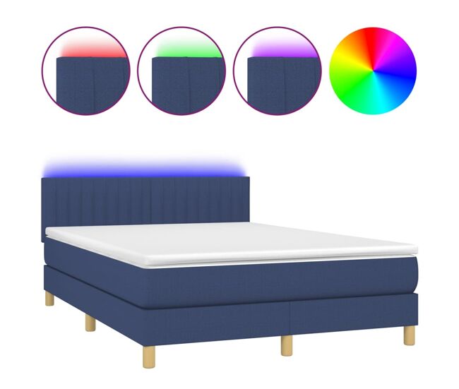 Cama box spring con colchón y led tela azul 140x200 cm rayas verticales