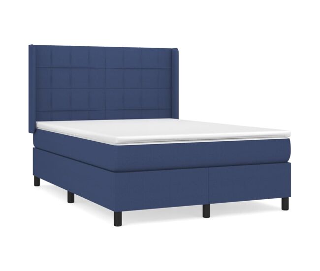 Cama box spring con colchón tela azul 140x200 cm bloques con cuadros
