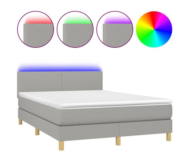 Cama box spring colchón y luces led tela gris claro 140x200 cm diseño plano