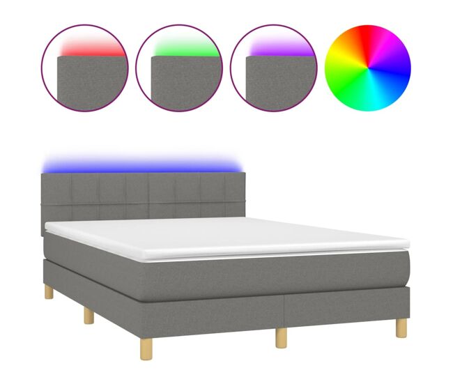 Cama box spring colchón y luces led tela gris oscuro 140x190 cm bloques con cuadros