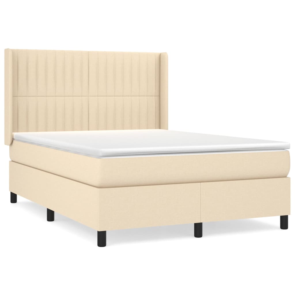 Cama box spring con colchón tela color crema 140x200 cm rayas verticales