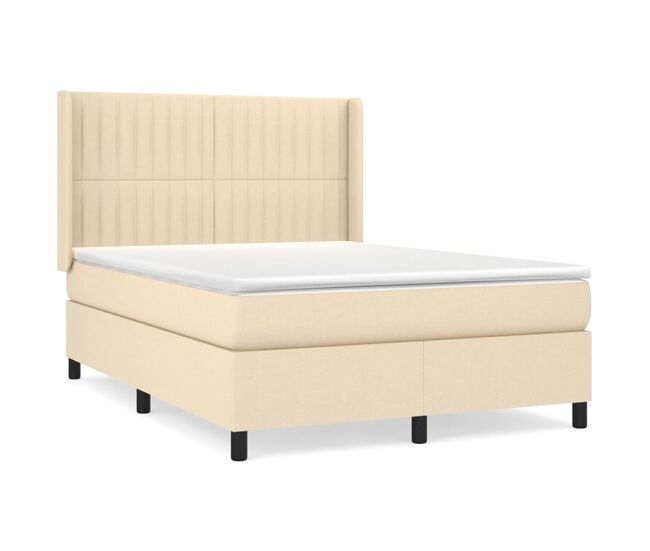 Cama box spring con colchón tela color crema 140x200 cm rayas verticales