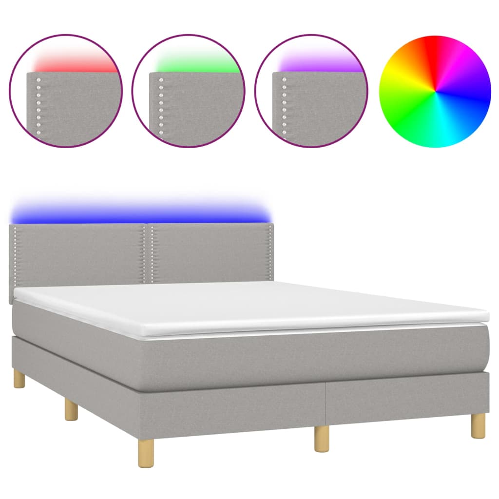 Cama box spring colchón y luces led tela gris claro 140x200 cm liso con clavos