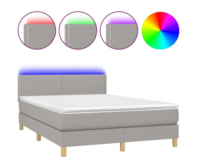 Cama box spring colchón y luces led tela gris claro 140x200 cm liso con clavos