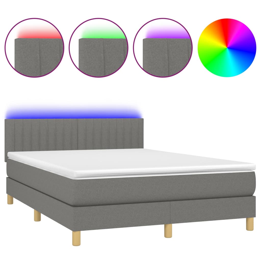 Cama box spring colchón y luces led tela gris oscuro 140x190 cm rayas verticales