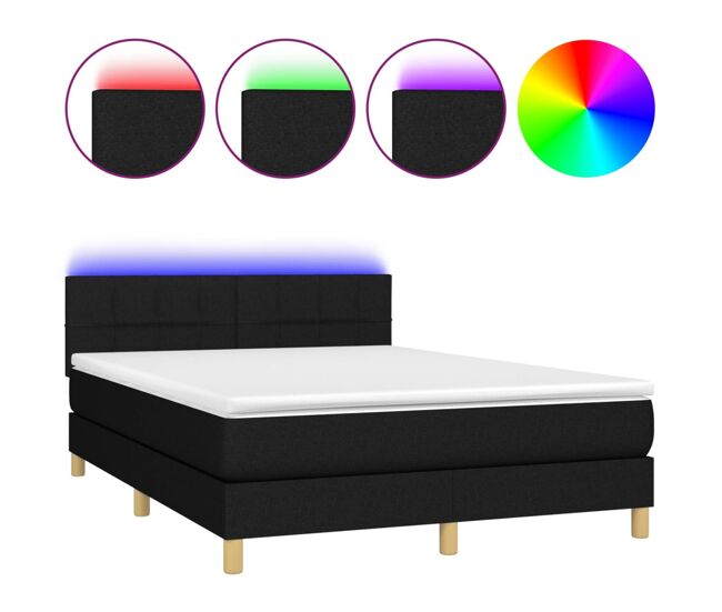 Cama box spring colchón y luces led tela negro 140x200 cm bloques con cuadros