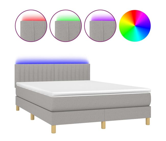 Cama box spring colchón y luces led tela gris claro 140x190 cm rayas verticales