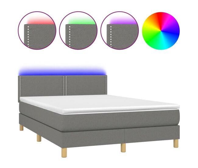 Cama box spring colchón y luces led tela gris oscuro 140x200 cm liso con clavos