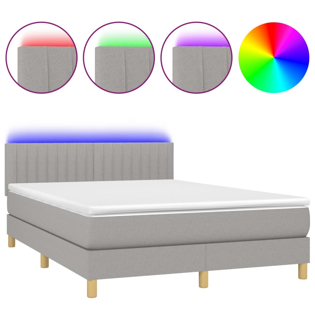 Cama box spring colchón y luces led tela gris claro 140x200 cm rayas verticales