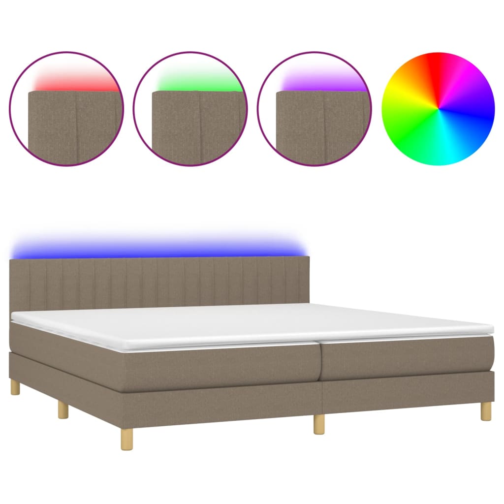 Cama box spring con colchón led tela gris taupe 200x200 cm rayas verticales