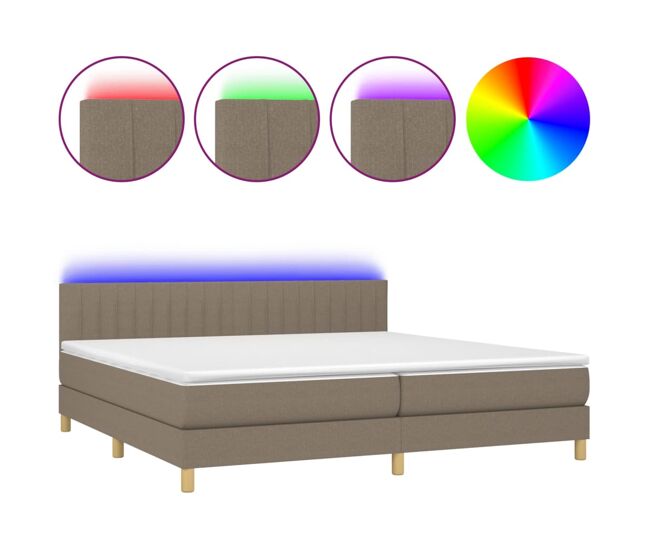 Cama box spring con colchón led tela gris taupe 200x200 cm rayas verticales
