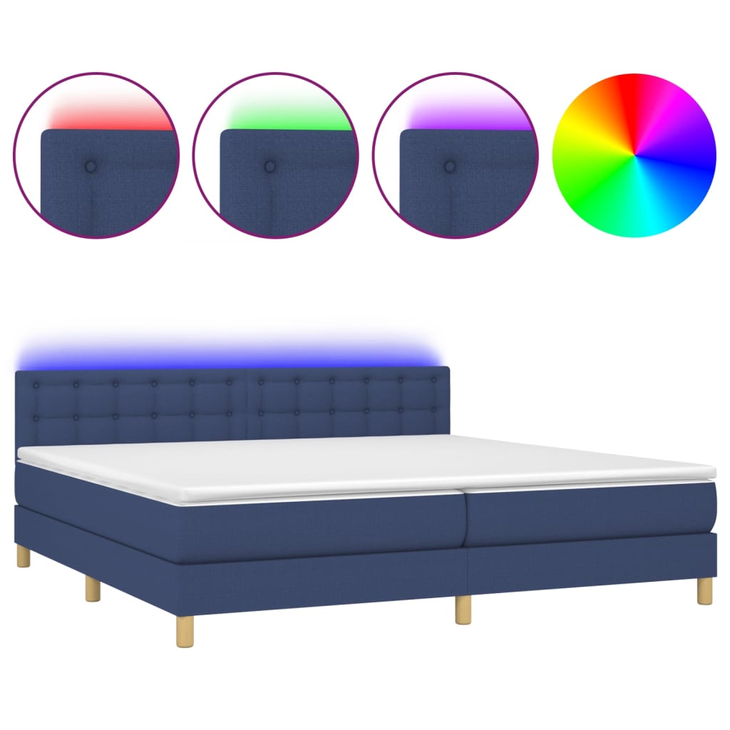 Cama box spring con colchón y led tela azul 200x200 cm botones