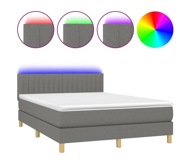 Cama box spring colchón y luces led tela gris oscuro 140x200 cm rayas verticales