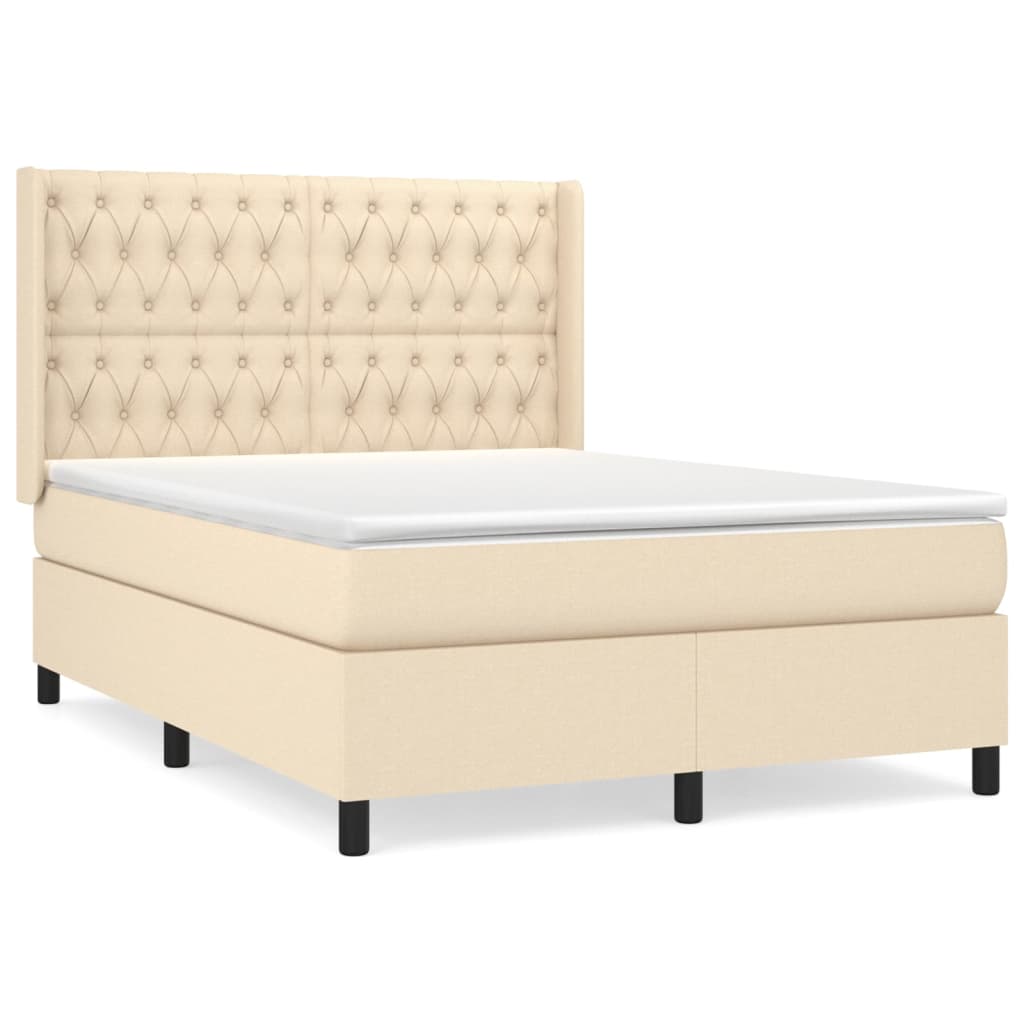 Cama box spring con colchón tela color crema 140x190 cm diseño de botones