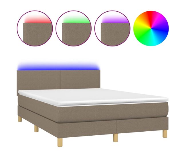 Cama box spring colchón y luces led tela gris taupe 140x190 cm diseño plano
