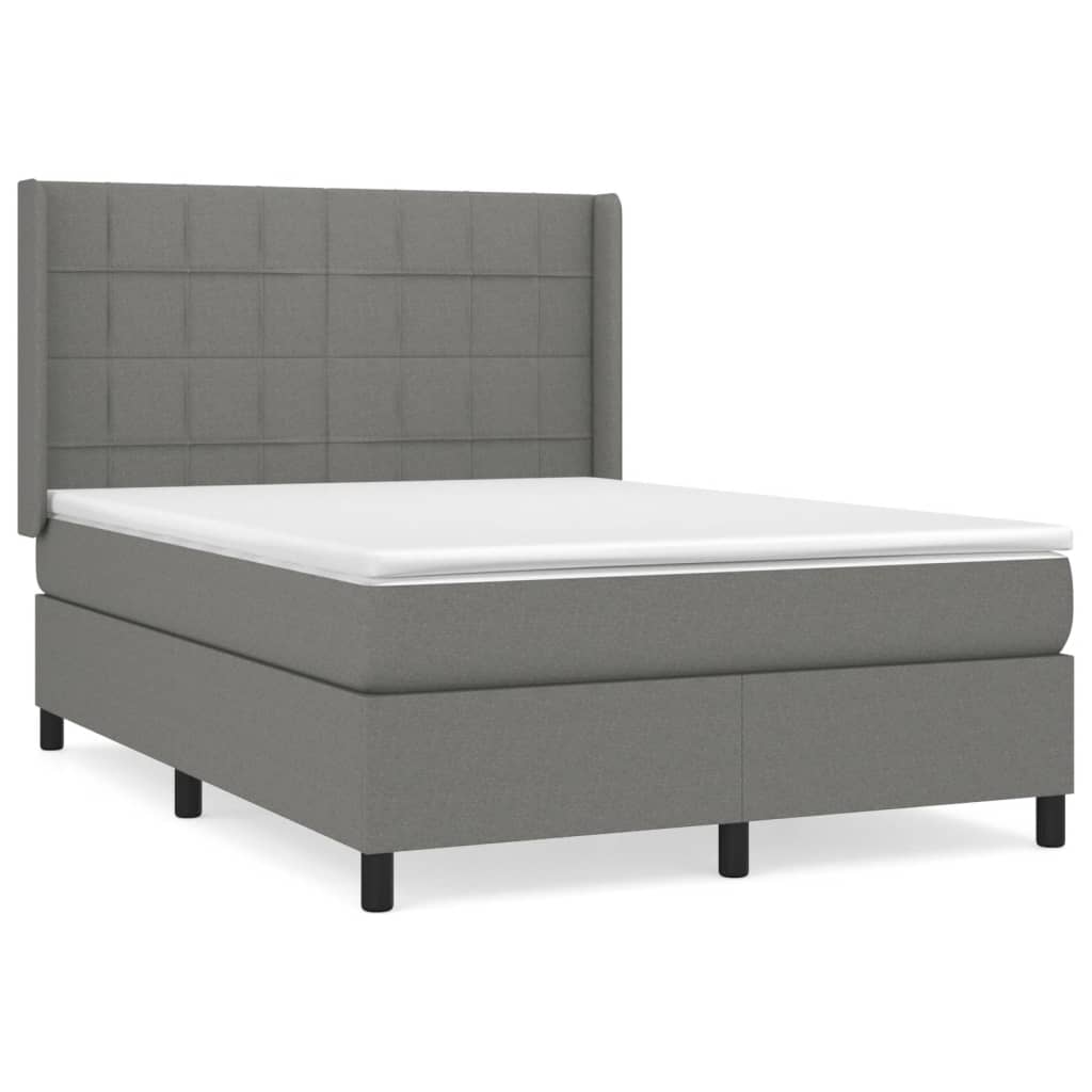 Cama box spring con colchón tela gris oscuro 140x190 cm bloques con cuadros