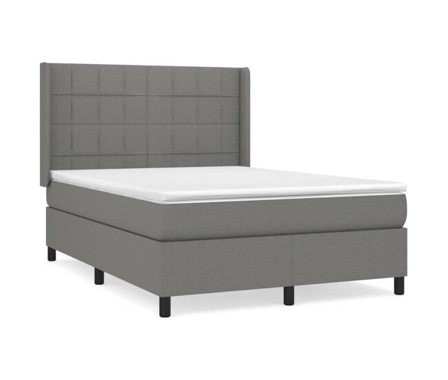 Cama box spring con colchón tela gris oscuro 140x190 cm bloques con cuadros