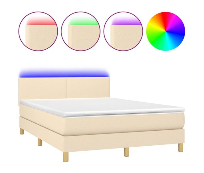 Cama box spring con colchón y led tela crema 140x200 cm diseño plano
