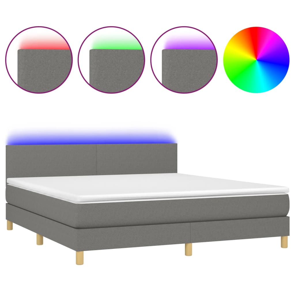 Cama box spring con colchón y led tela gris oscuro 180x200 cm diseño plano
