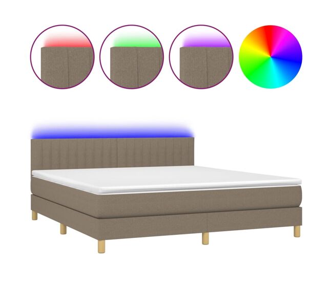 Cama box spring con colchón led tela gris taupe 160x200 cm rayas verticales