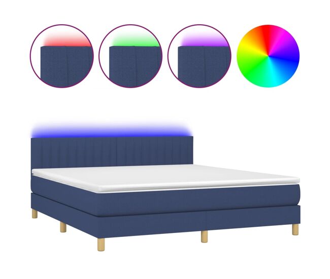 Cama box spring con colchón y led tela azul 160x200 cm rayas verticales