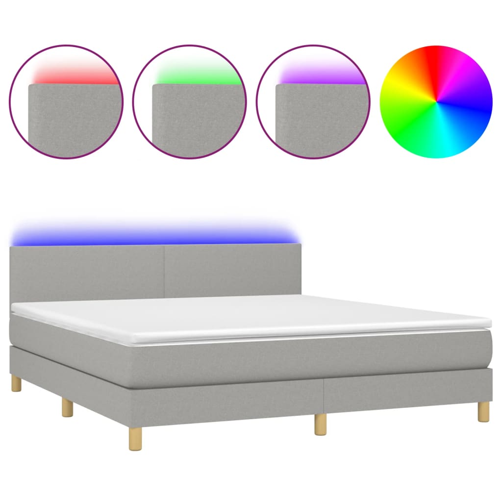 Cama box spring con colchón tela y led gris claro 180x200 cm diseño plano