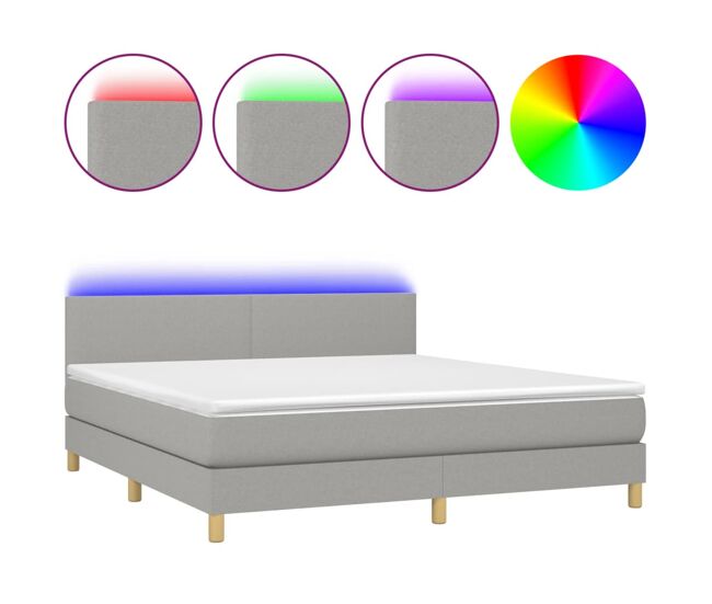 Cama box spring con colchón tela y led gris claro 180x200 cm diseño plano