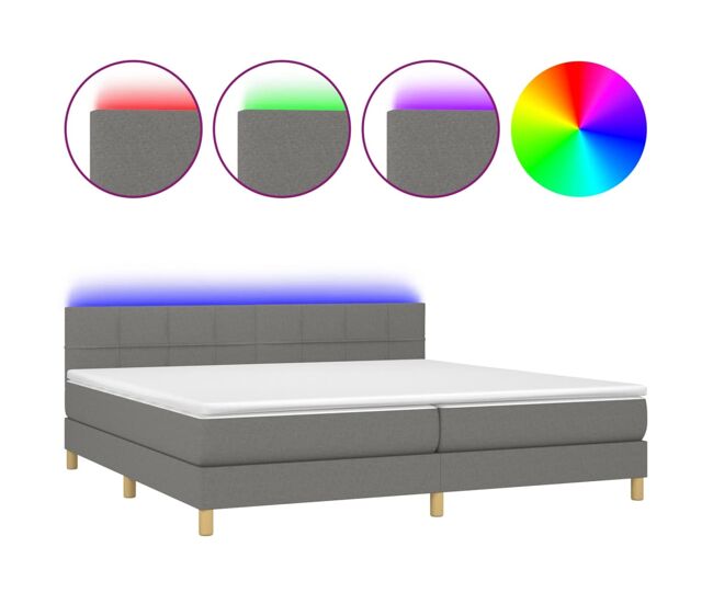 Cama box spring con colchón y led tela gris oscuro 200x200 cm bloques con cuadros