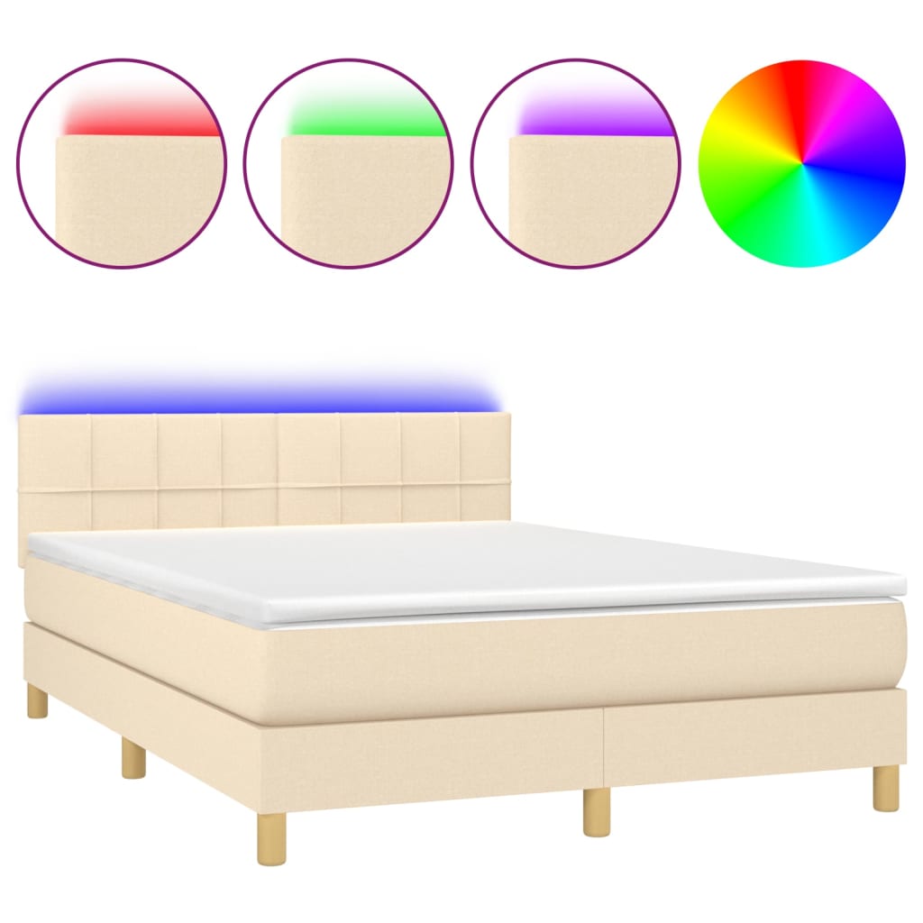 Cama box spring colchón y luces led tela crema 140x190 cm bloques con cuadros