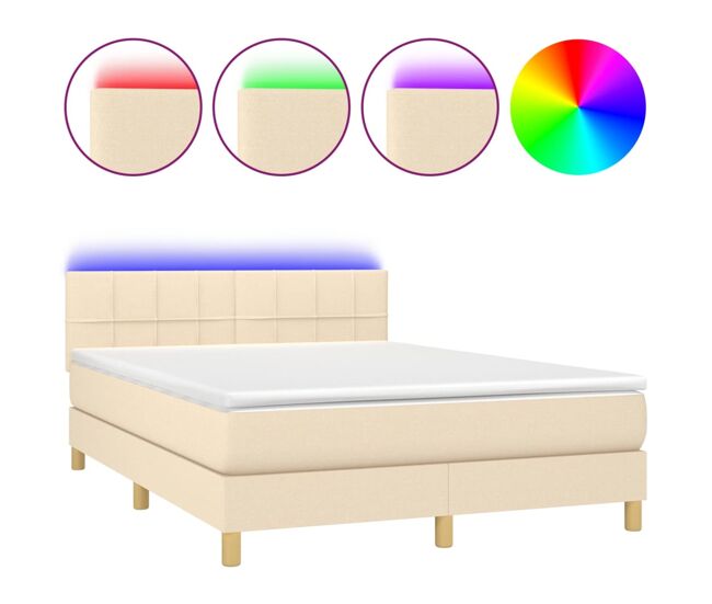 Cama box spring colchón y luces led tela crema 140x190 cm bloques con cuadros