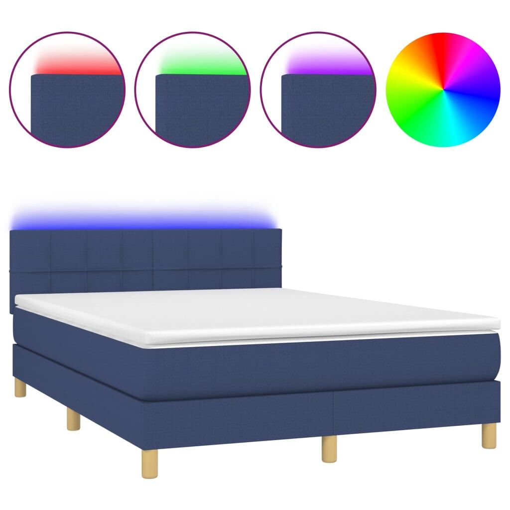 Cama box spring colchón y luces led tela azul 140x190 cm bloques con cuadros