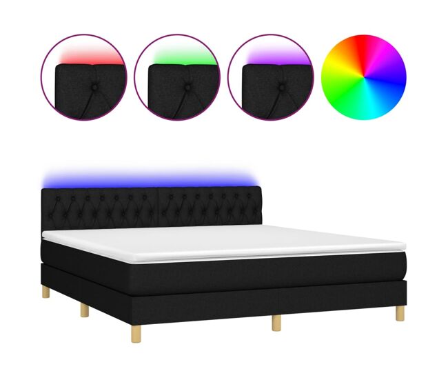 Cama box spring con colchón led tela negro 160x200 cm diseño de botones