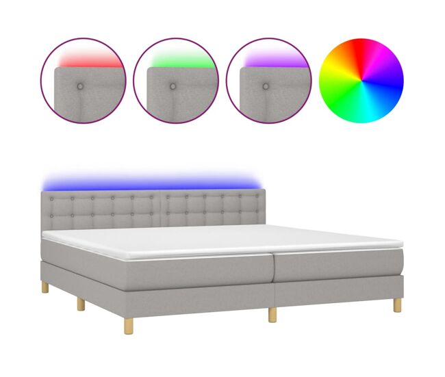 Cama box spring con colchón tela y led gris claro 200x200 cm botones