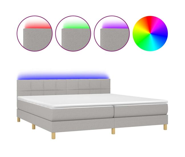 Cama box spring con colchón tela y led gris claro 200x200 cm bloques con cuadros