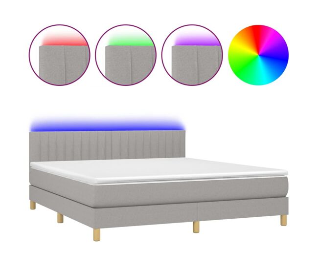 Cama box spring con colchón tela y led gris claro 160x200 cm rayas verticales