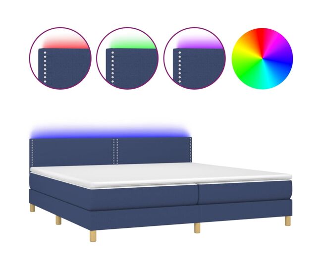 Cama box spring con colchón y led tela azul 200x200 cm liso con clavos