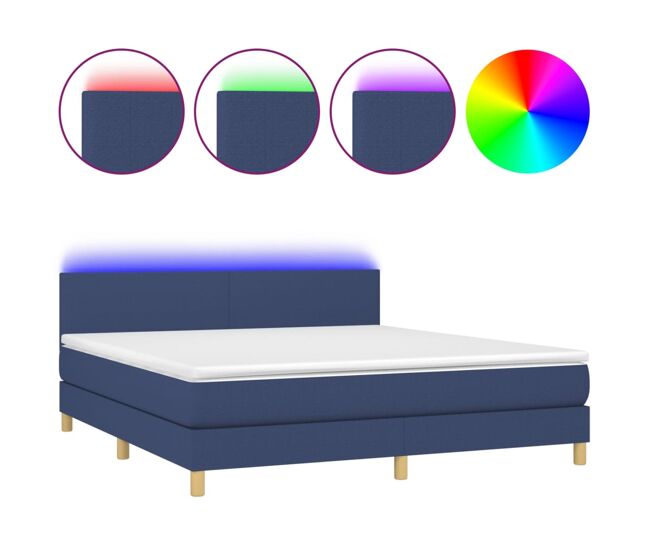 Cama box spring con colchón y led tela azul 180x200 cm diseño plano