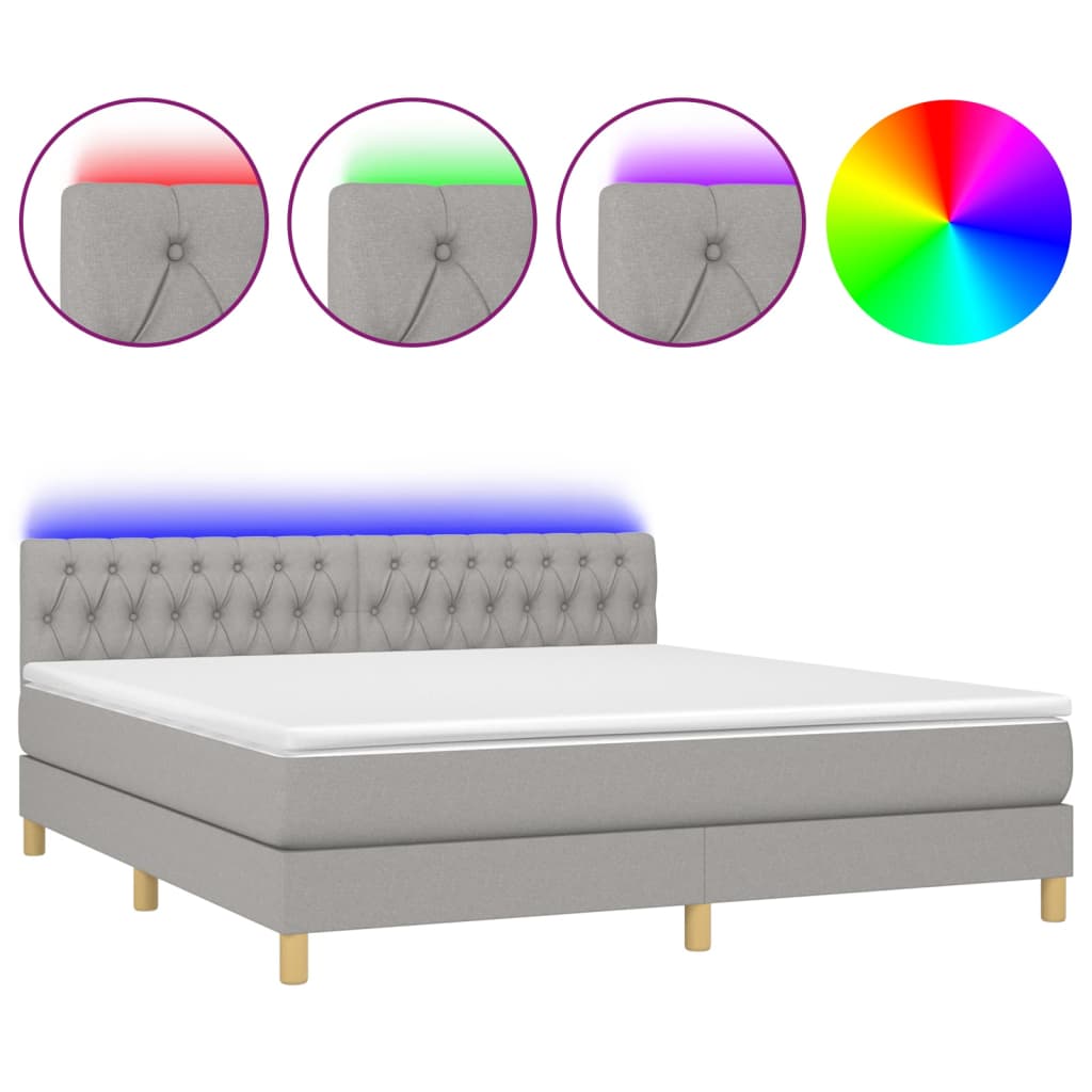 Cama box spring con colchón tela y led gris claro 180x200 cm diseño de botones