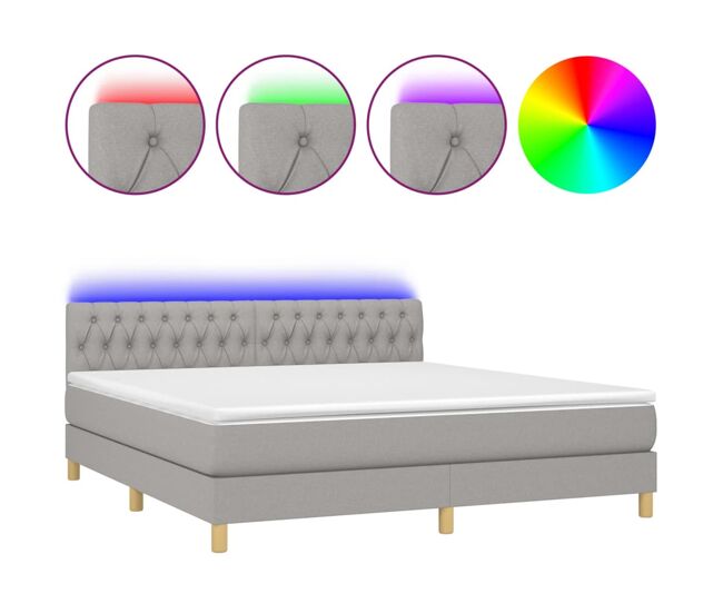 Cama box spring con colchón tela y led gris claro 180x200 cm diseño de botones
