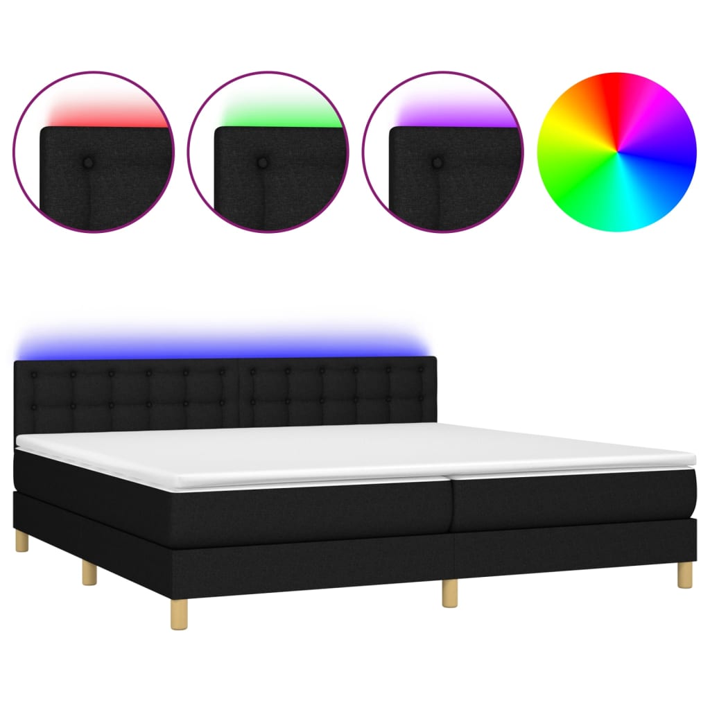 Cama box spring con colchón led tela negro 200x200 cm botones