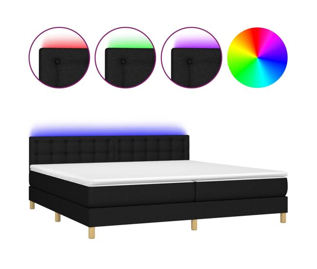 Cama box spring con colchón led tela negro 200x200 cm botones