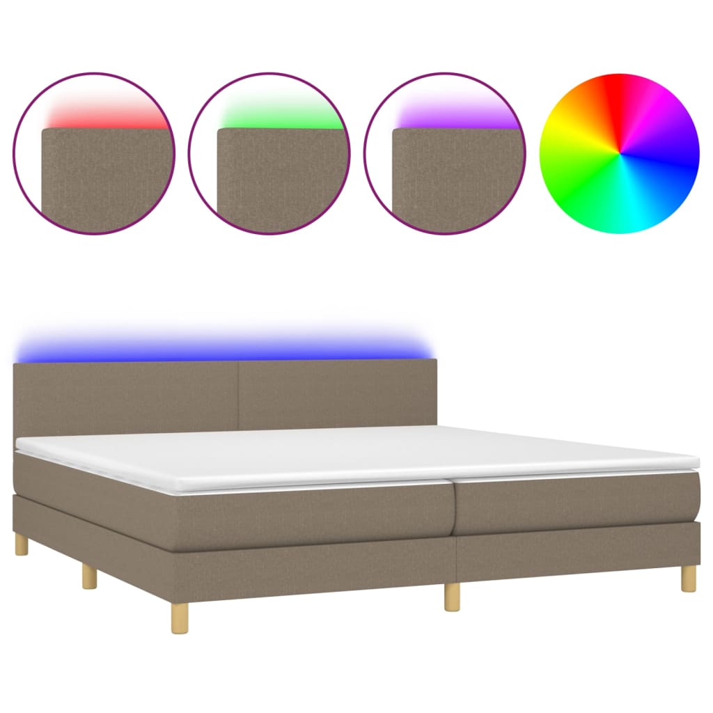 Cama box spring con colchón led tela gris taupe 200x200 cm diseño plano