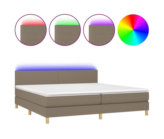 Cama box spring con colchón led tela gris taupe 200x200 cm diseño plano