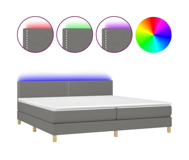 Cama box spring con colchón y led tela gris oscuro 200x200 cm liso con clavos