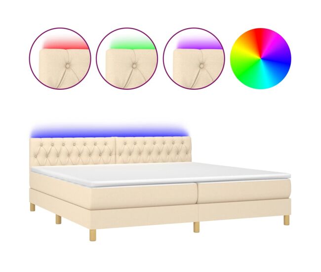 Cama box spring con colchón y led tela crema 200x200 cm diseño de botones