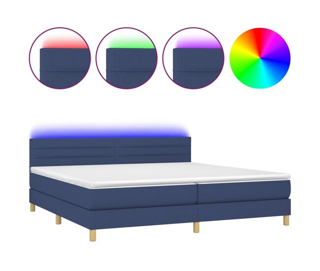 Cama box spring con colchón y led tela azul 200x200 cm rayas horizontales
